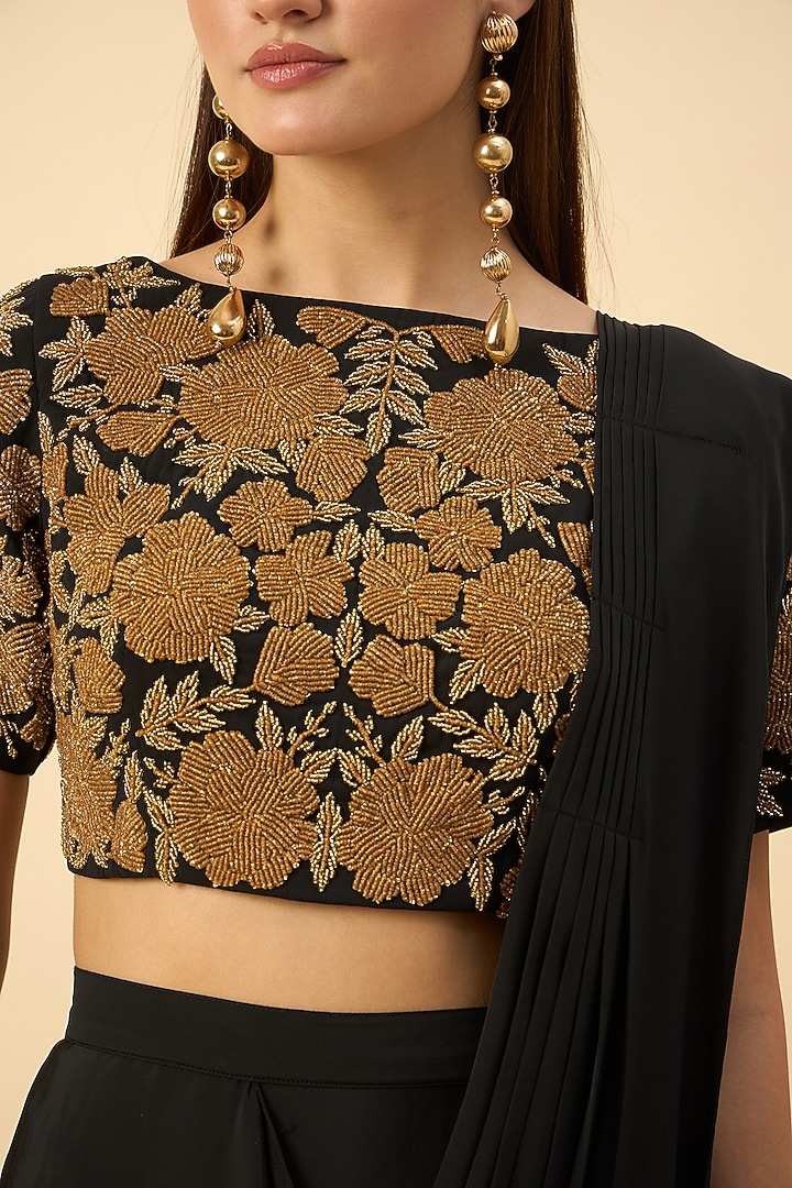 Black Pure Silk Crepe Cowl Draped Skirt Party Wear Saree Set by Aakaar at Pernia's Pop Up Shop