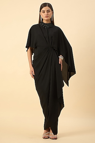 Black Moss Crepe Crystal Embroidered Draped Dress by Aakaar