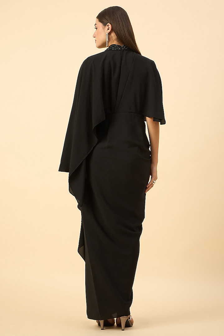 Black Moss Crepe Crystal Embroidered Draped Summer Dress by Aakaar at Pernia's Pop Up Shop