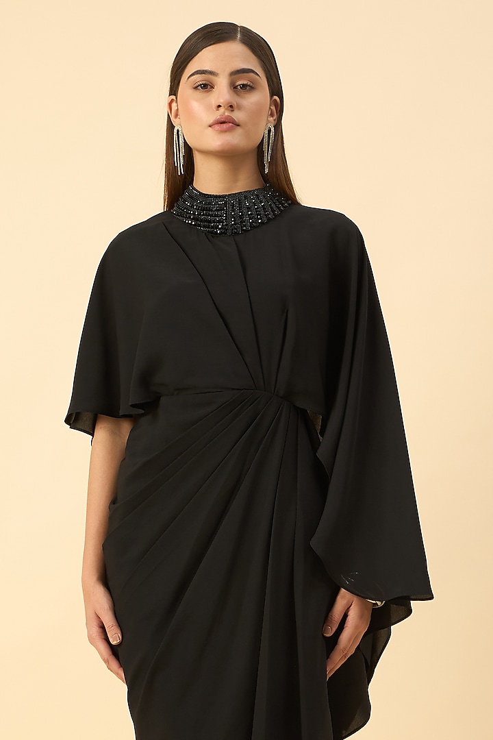 Black Moss Crepe Crystal Embroidered Draped Summer Dress by Aakaar at Pernia's Pop Up Shop