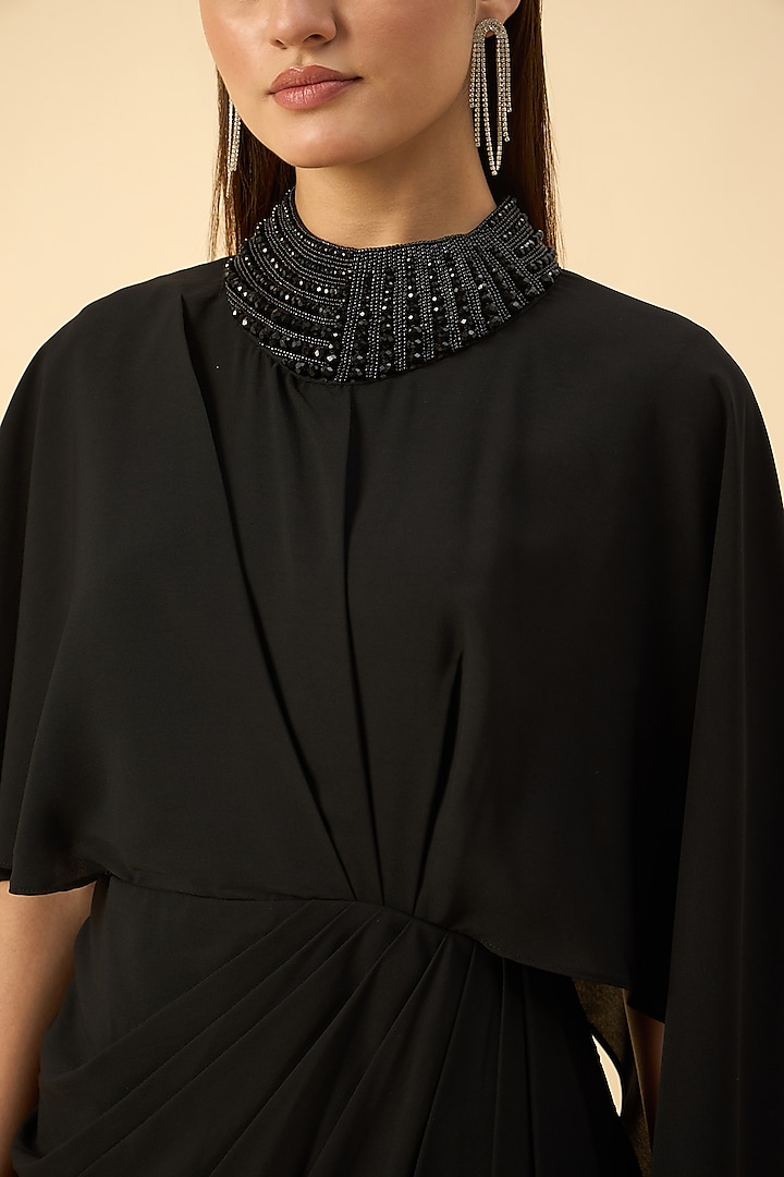 Black Moss Crepe Crystal Embroidered Draped Summer Dress by Aakaar at Pernia's Pop Up Shop