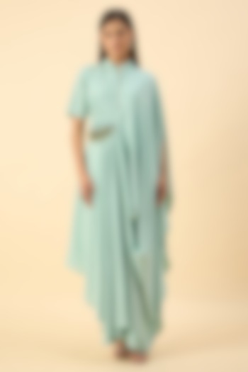 Aqua Blue Moss Crepe Draped Tunic Set by Aakaar at Pernia's Pop Up Shop