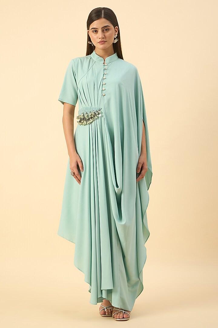 Aqua Blue Moss Crepe Draped Tunic Set by Aakaar at Pernia's Pop Up Shop