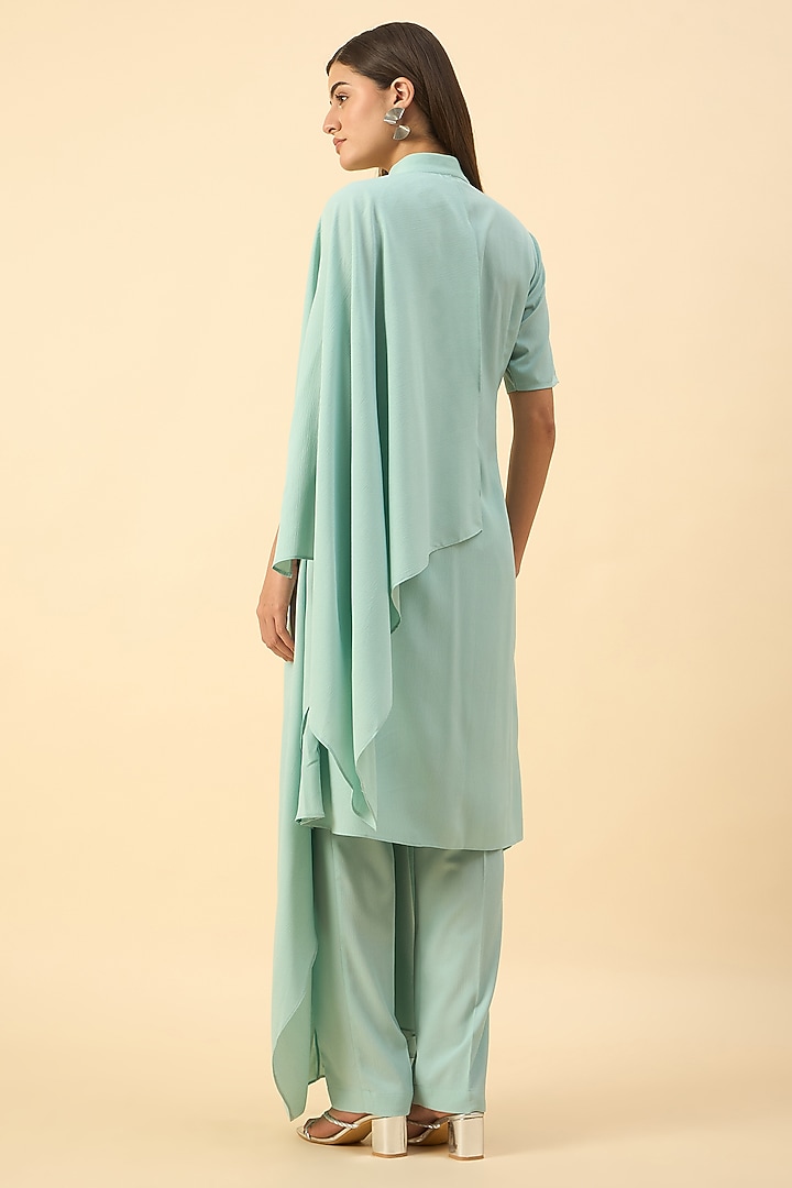 Aqua Blue Moss Crepe Draped Tunic Set by Aakaar at Pernia's Pop Up Shop