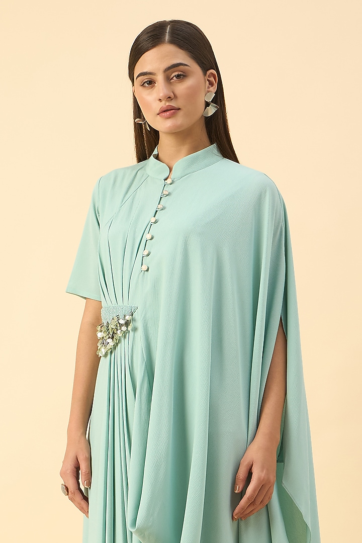 Aqua Blue Moss Crepe Draped Tunic Set by Aakaar at Pernia's Pop Up Shop