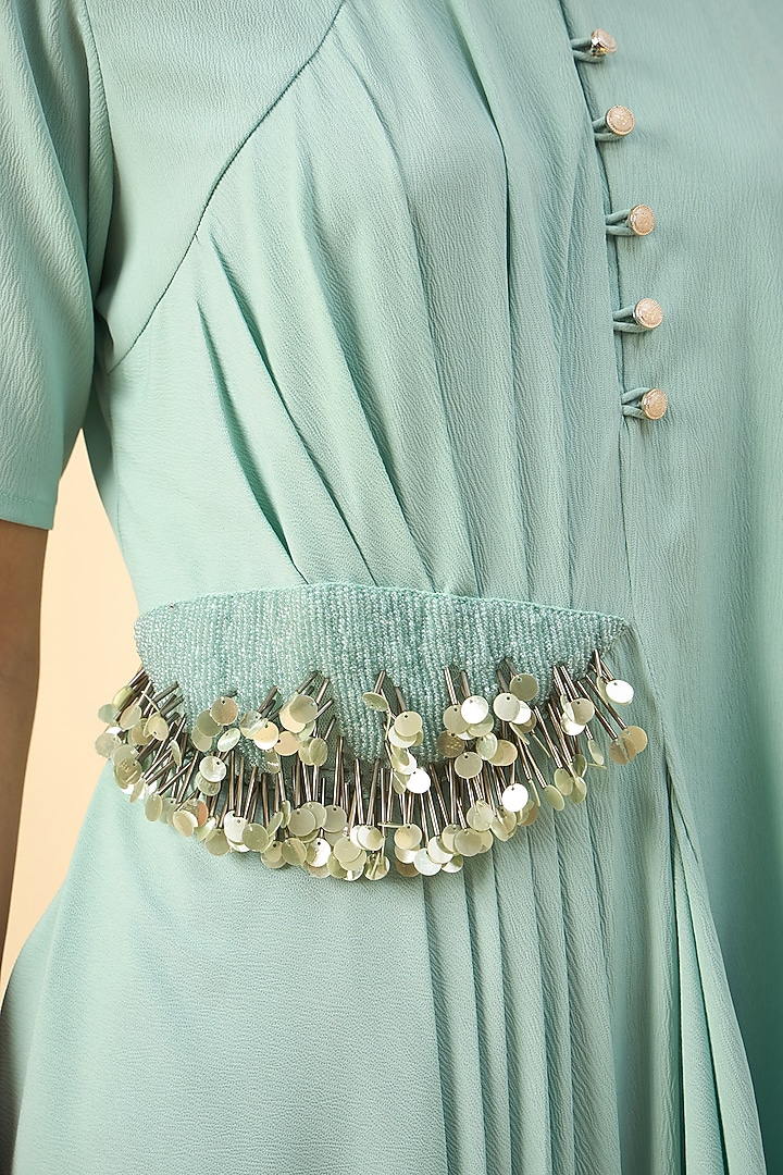 Aqua Blue Moss Crepe Draped Tunic Set by Aakaar at Pernia's Pop Up Shop