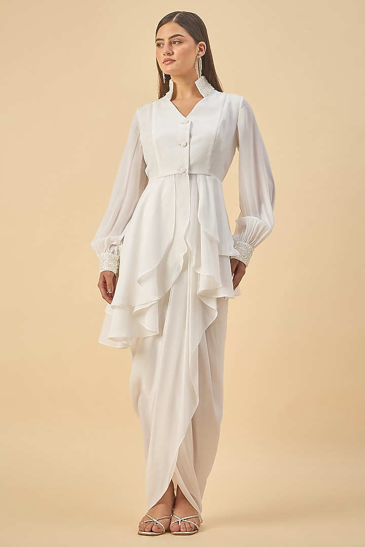 White Moss Crepe Embroidered Co-Ord Set by Aakaar at Pernia's Pop Up Shop