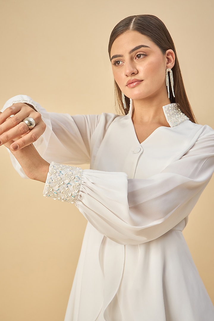 White Moss Crepe Embroidered Co-Ord Set by Aakaar at Pernia's Pop Up Shop
