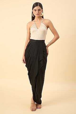 Black Moss Crepe Draped Skirt by Aakaar