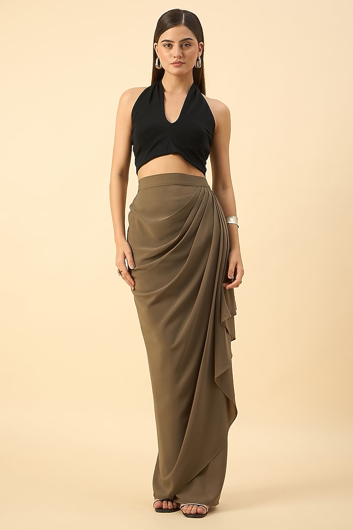 Olive Grey Moss Crepe Draped Skirt by Aakaar at Pernia's Pop Up Shop