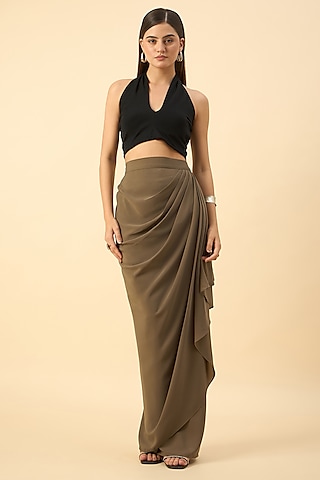 Olive Grey Moss Crepe Draped Skirt by Aakaar