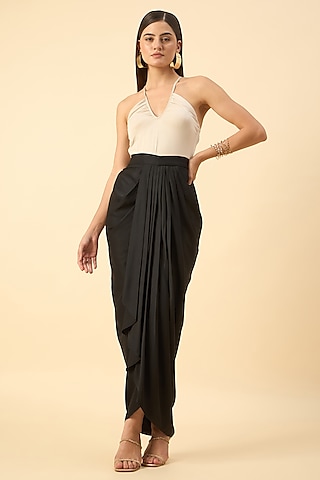 Black Moss Crepe Draped Skirt by Aakaar