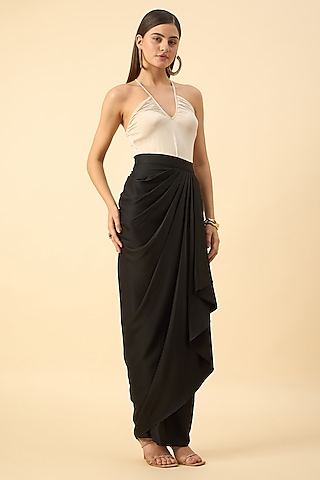 Black Moss Crepe Draped Skirt by Aakaar