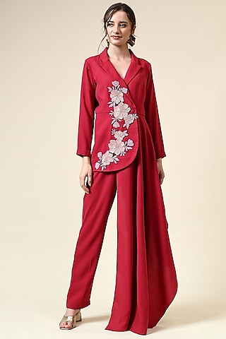 Pink Moss Crepe Sequins Embroidered Blazer Set by Aakaar