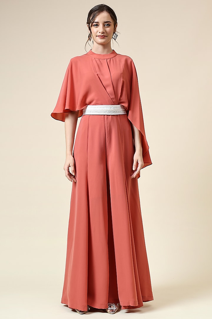 Pastel Orange Moss Crepe Jumpsuit With Belt by Aakaar at Pernia's Pop Up Shop