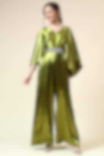 Metallic Green Moss Crepe Jumpsuit by Aakaar at Pernia's Pop Up Shop