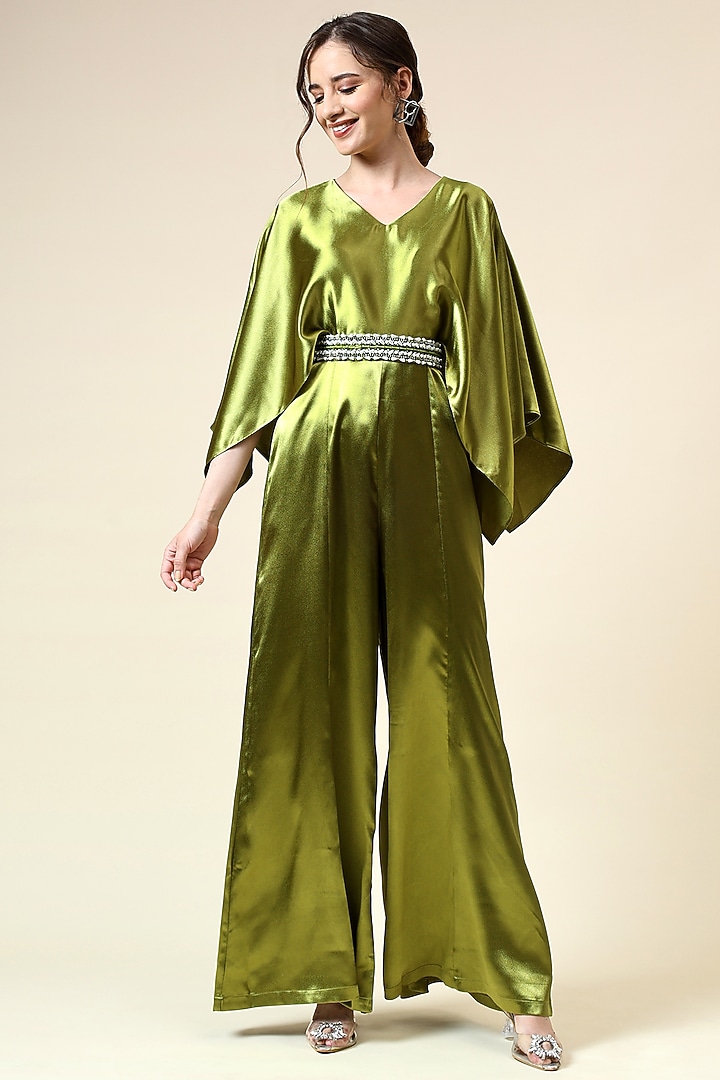 Metallic Green Moss Crepe Jumpsuit by Aakaar at Pernia's Pop Up Shop