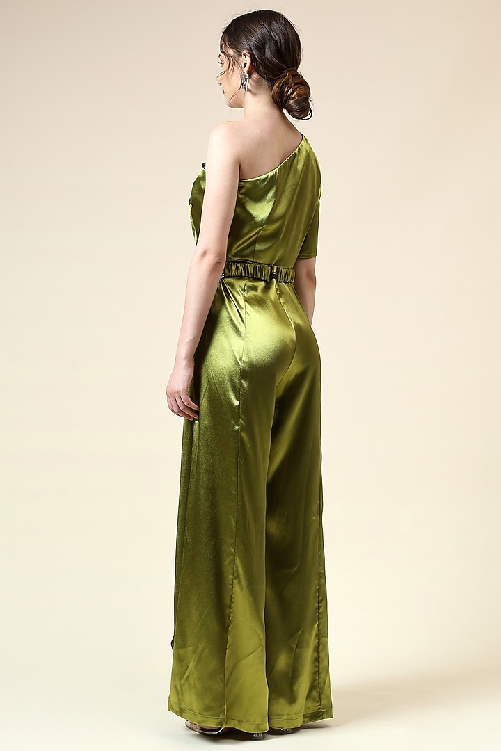 Metallic Green Moss Crepe Draped Jumpsuit by Aakaar at Pernia's Pop Up Shop
