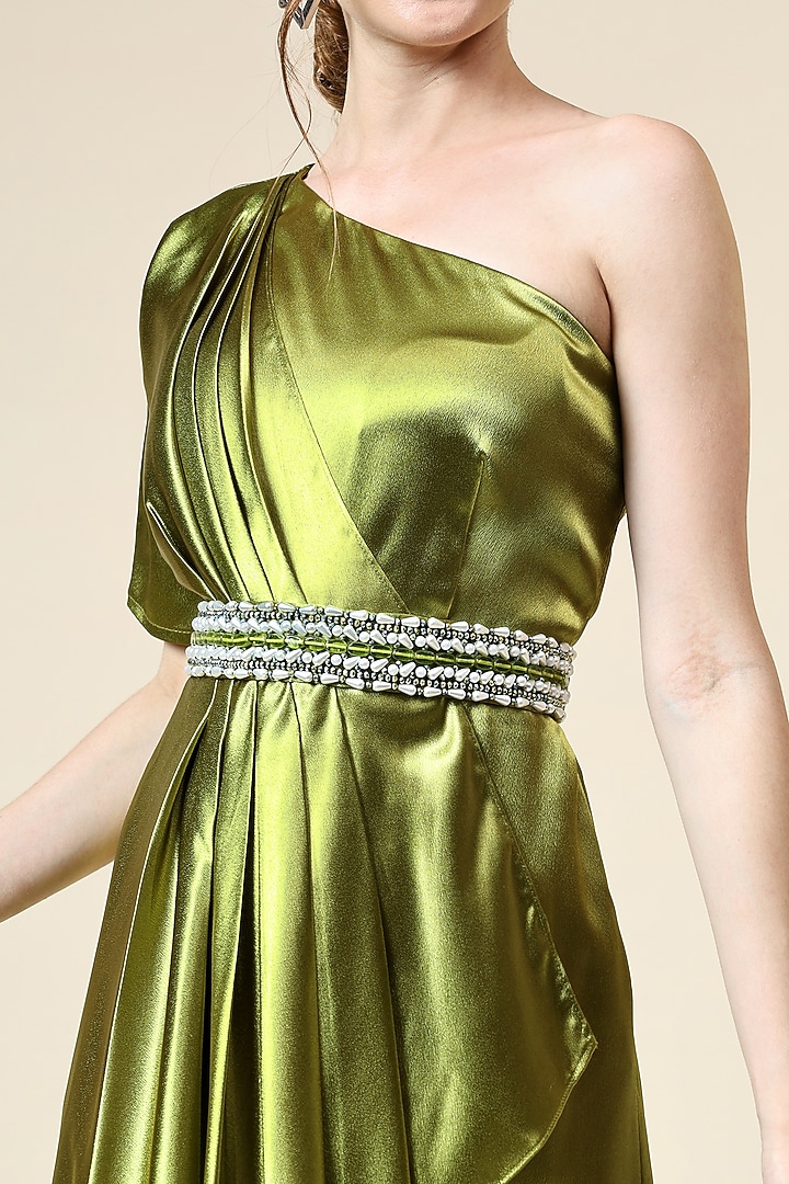Metallic Green Moss Crepe Draped Jumpsuit by Aakaar at Pernia's Pop Up Shop