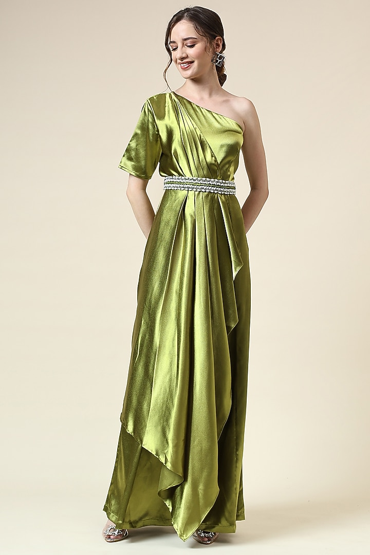 Metallic Green Moss Crepe Draped Jumpsuit by Aakaar at Pernia's Pop Up Shop