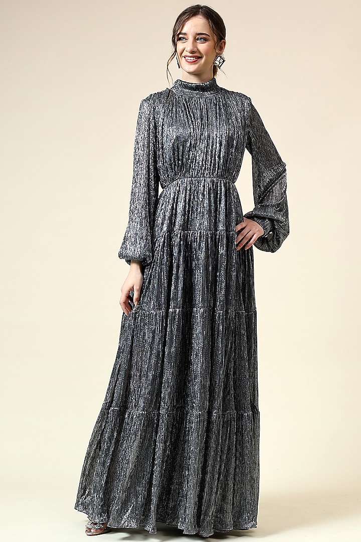 Silver Metallic Moss Crepe Maxi Dress by Aakaar at Pernia's Pop Up Shop