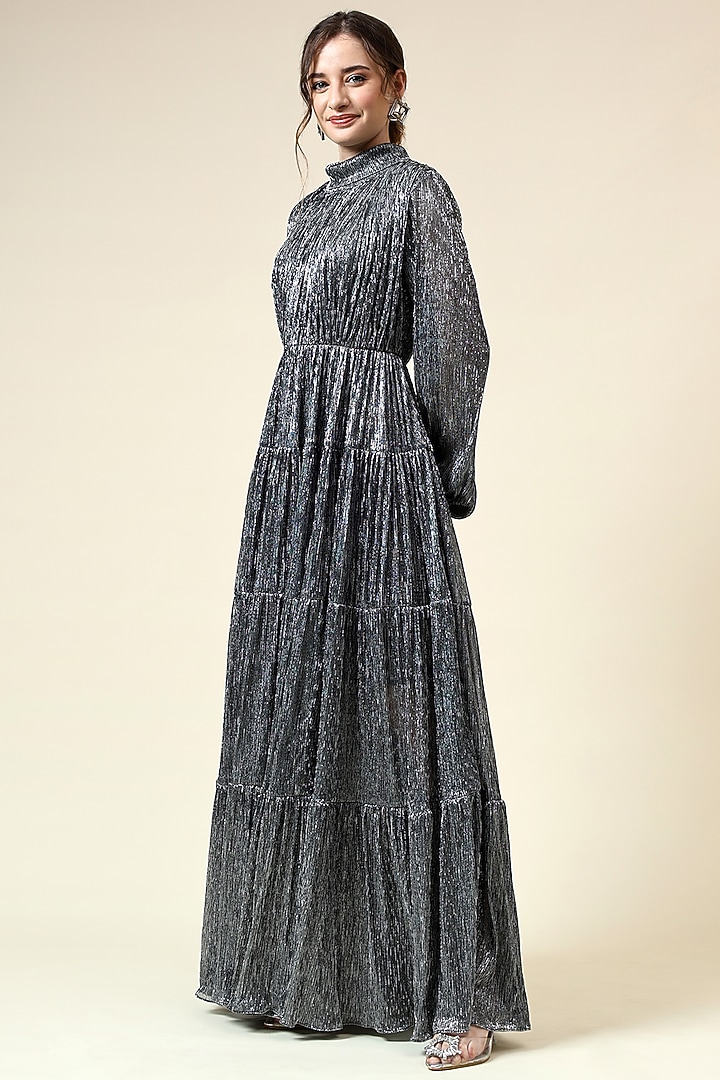 Silver Metallic Moss Crepe Maxi Summer Dress by Aakaar at Pernia's Pop Up Shop