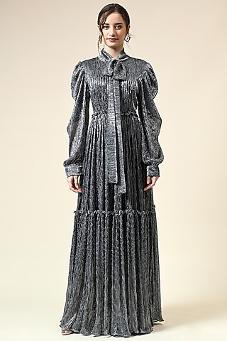 Silver Metallic Moss Crepe Maxi Dress by Aakaar