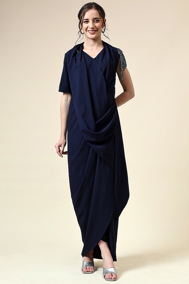 Navy Blue Moss Crepe Crystal Embellished Draped Maxi Dress by Aakaar at Pernia's Pop Up Shop