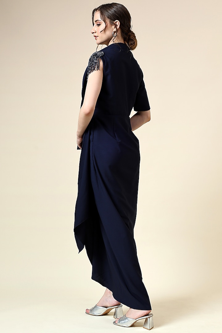 Navy Blue Moss Crepe Crystal Embellished Draped Maxi Summer Dress by Aakaar at Pernia's Pop Up Shop