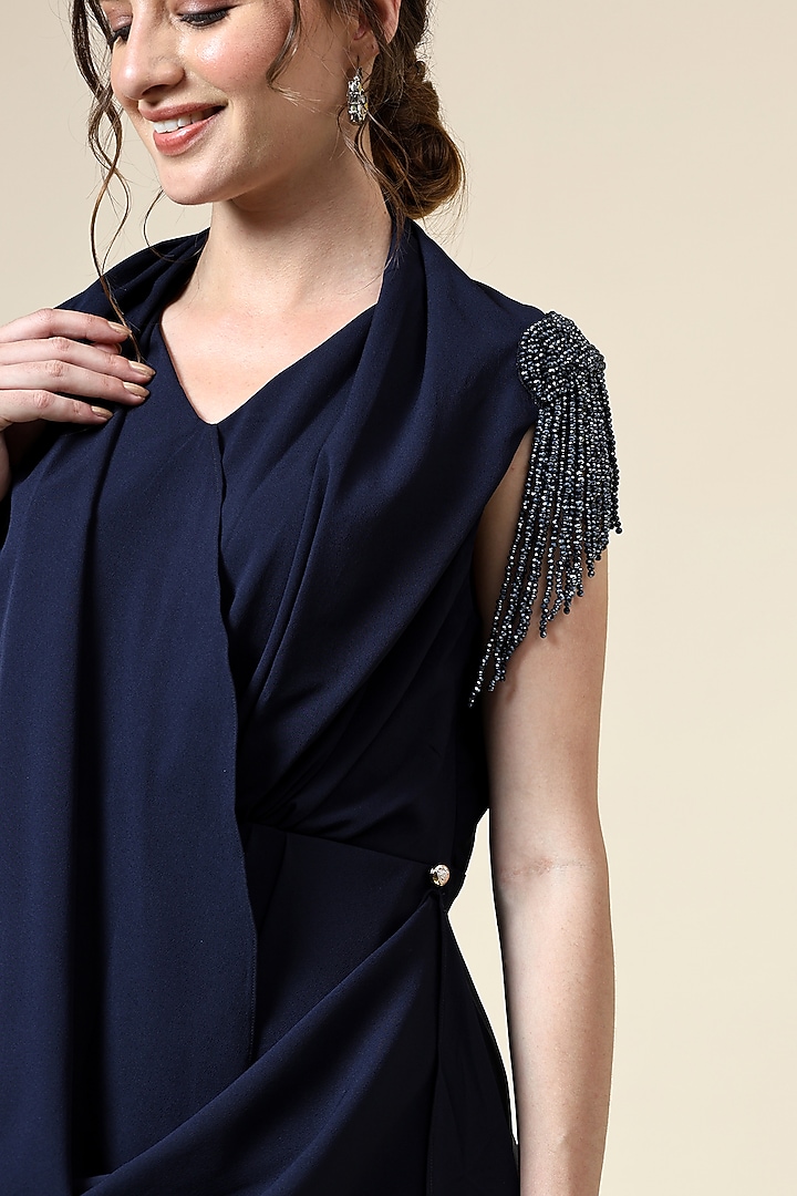 Navy Blue Moss Crepe Crystal Embellished Draped Maxi Summer Dress by Aakaar at Pernia's Pop Up Shop