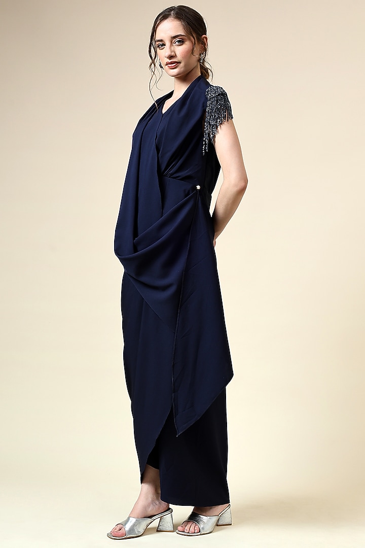 Navy Blue Moss Crepe Crystal Embellished Draped Maxi Summer Dress by Aakaar at Pernia's Pop Up Shop