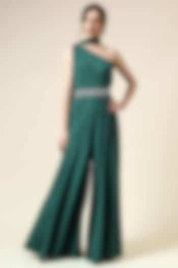 Bottle Green Moss Crepe Jumpsuit by Aakaar at Pernia's Pop Up Shop