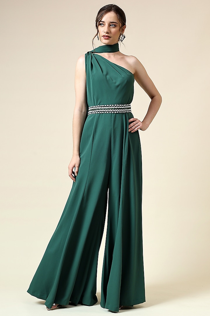 Bottle Green Moss Crepe Jumpsuit by Aakaar at Pernia's Pop Up Shop