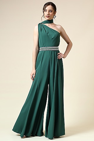 Bottle Green Moss Crepe Jumpsuit by Aakaar