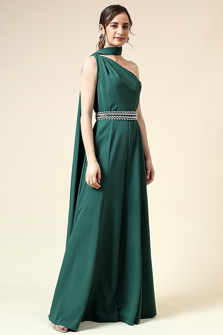 Bottle Green Moss Crepe Jumpsuit by Aakaar at Pernia's Pop Up Shop