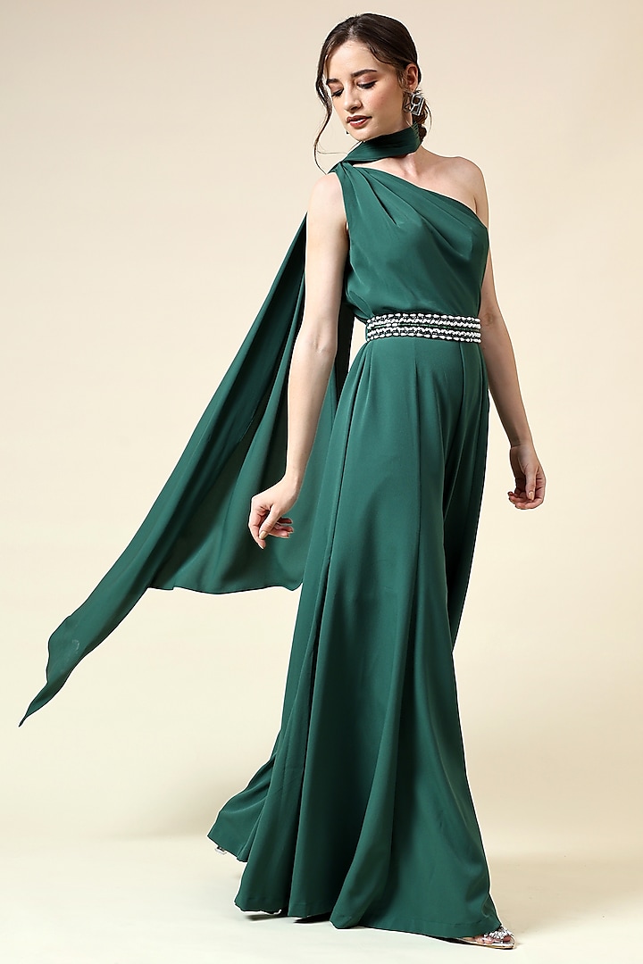 Bottle Green Moss Crepe Jumpsuit by Aakaar at Pernia's Pop Up Shop