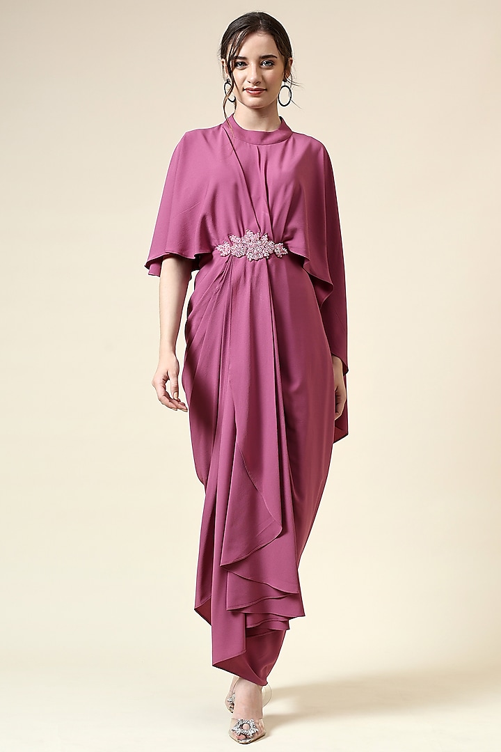 Pink Moss Crepe Crystal Embellished Draped Maxi Dress by Aakaar at Pernia's Pop Up Shop