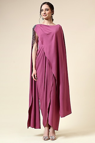 Pink Moss Crepe Crystal Embellished Draped Maxi Dress by Aakaar