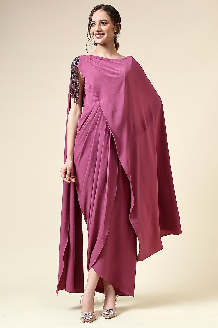 Pink Moss Crepe Crystal Embellished Draped Maxi Summer Dress by Aakaar at Pernia's Pop Up Shop