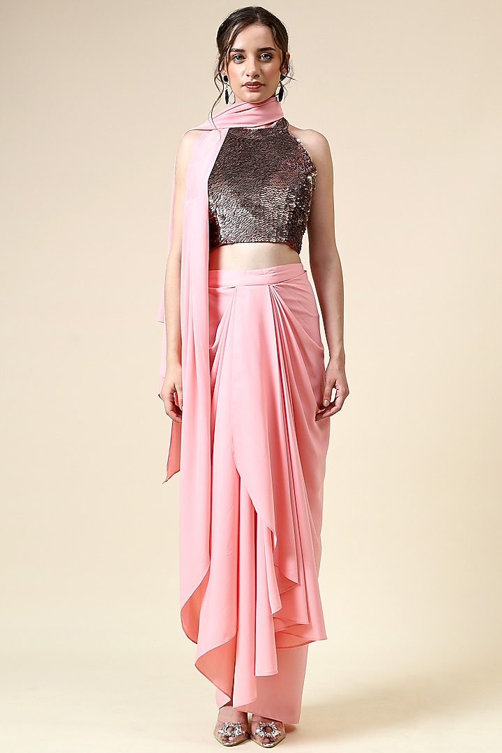Pink Moss Crepe Pre-Draped Party Wear Saree Set by Aakaar at Pernia's Pop Up Shop