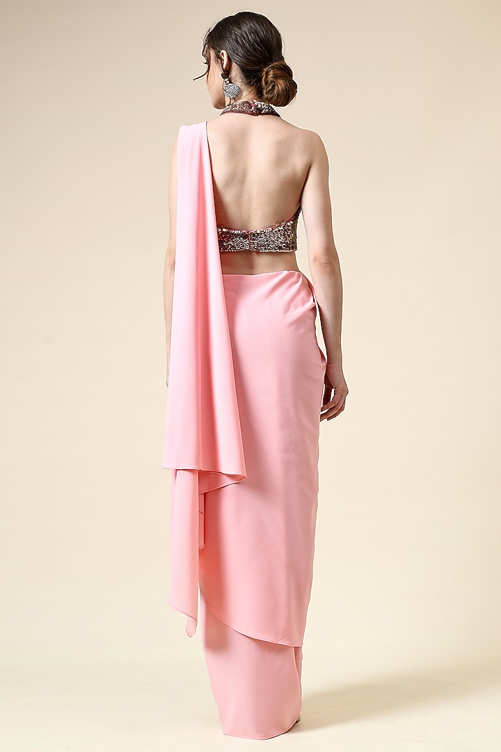 Pink Moss Crepe Pre-Draped Party Wear Saree Set by Aakaar at Pernia's Pop Up Shop