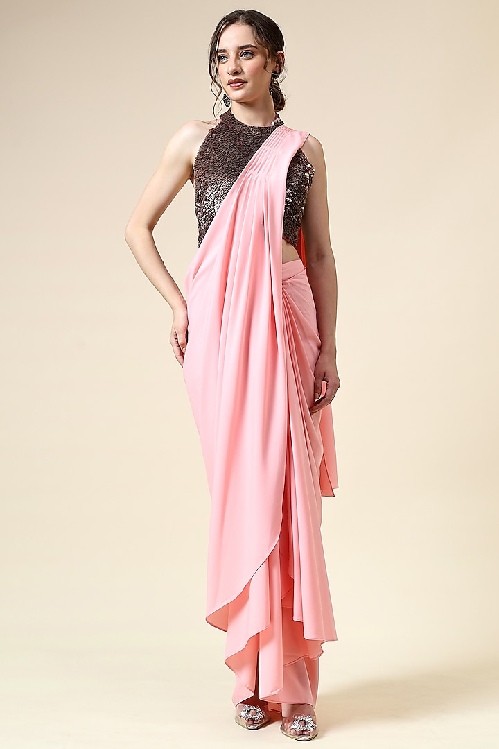 Pink Moss Crepe Pre-Draped Saree Set by Aakaar at Pernia's Pop Up Shop