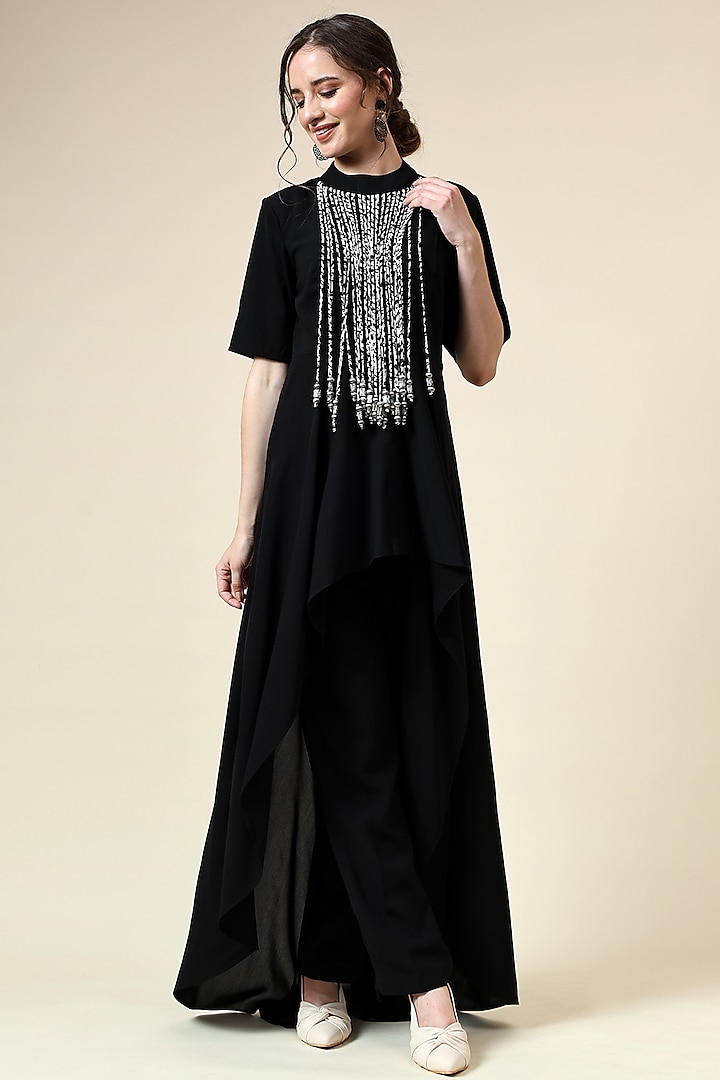 Black Moss Crepe Fringe Embroidered Tunic Set by Aakaar at Pernia's Pop Up Shop