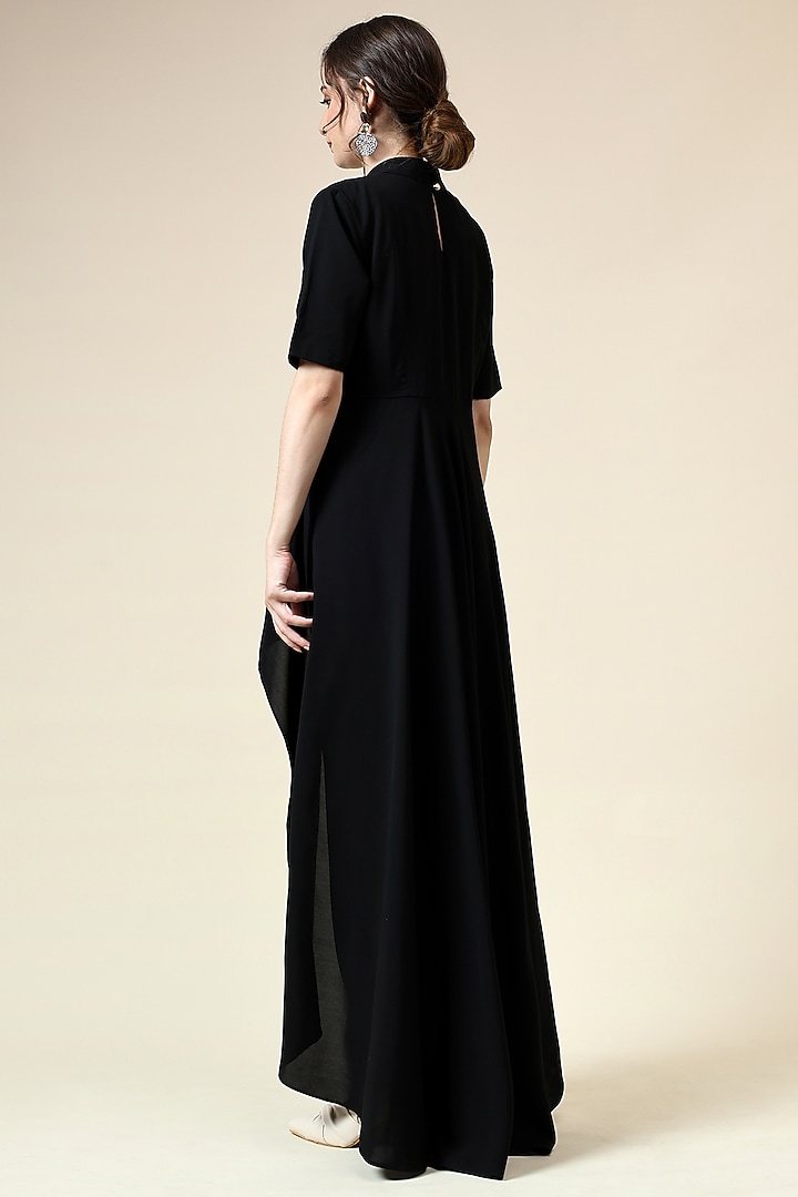 Black Moss Crepe Fringe Embroidered Tunic Set by Aakaar at Pernia's Pop Up Shop