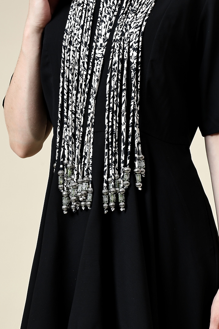 Black Moss Crepe Fringe Embroidered Tunic Set by Aakaar at Pernia's Pop Up Shop
