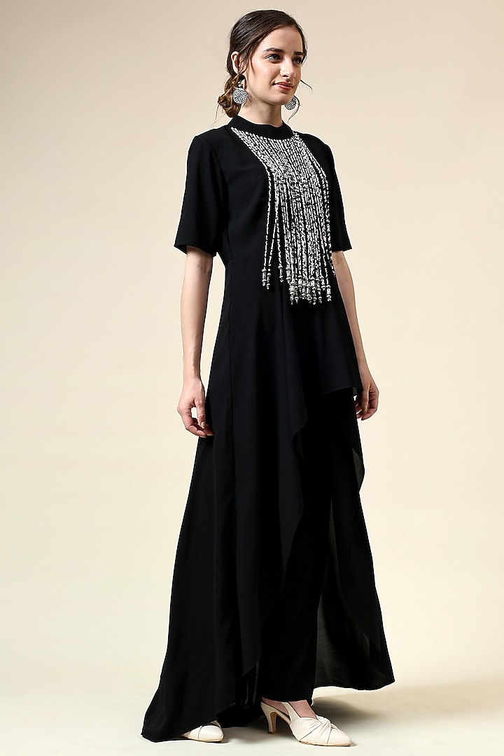 Black Moss Crepe Fringe Embroidered Tunic Set by Aakaar at Pernia's Pop Up Shop