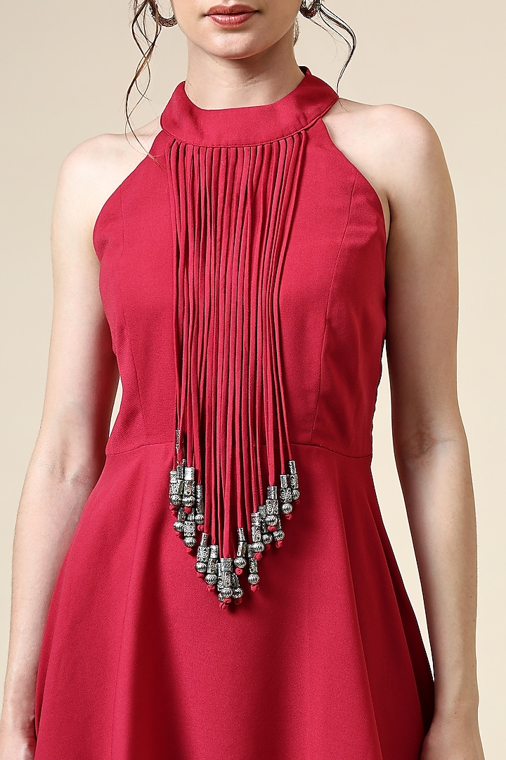 Berry Pink Moss Crepe Fringe Embroidered Tunic Set by Aakaar at Pernia's Pop Up Shop