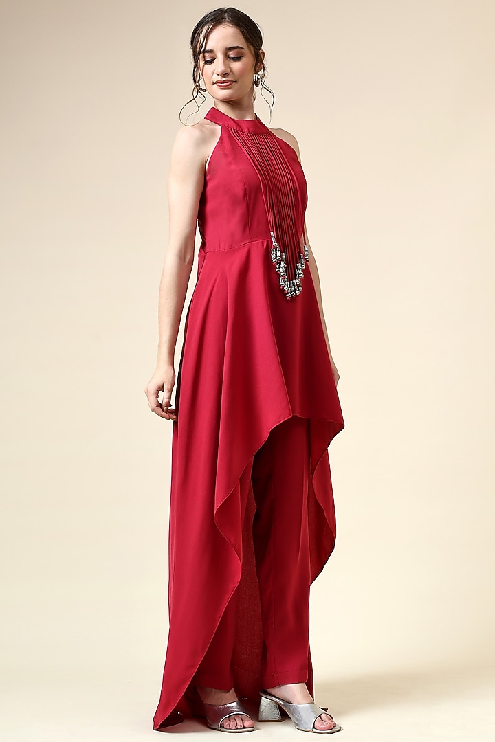 Berry Pink Moss Crepe Fringe Embroidered Tunic Set by Aakaar at Pernia's Pop Up Shop