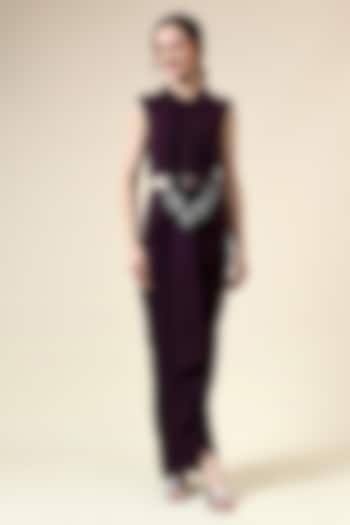 Purple Moss Crepe Draped Skirt Set by Aakaar at Pernia's Pop Up Shop