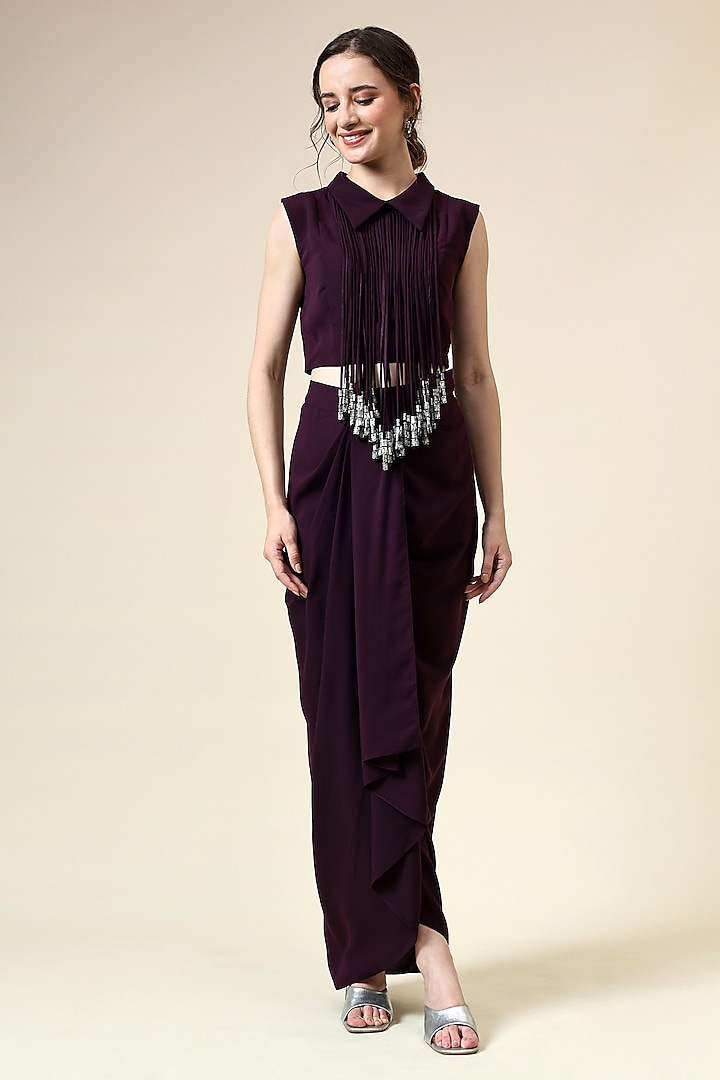 Purple Moss Crepe Draped Skirt Set by Aakaar at Pernia's Pop Up Shop